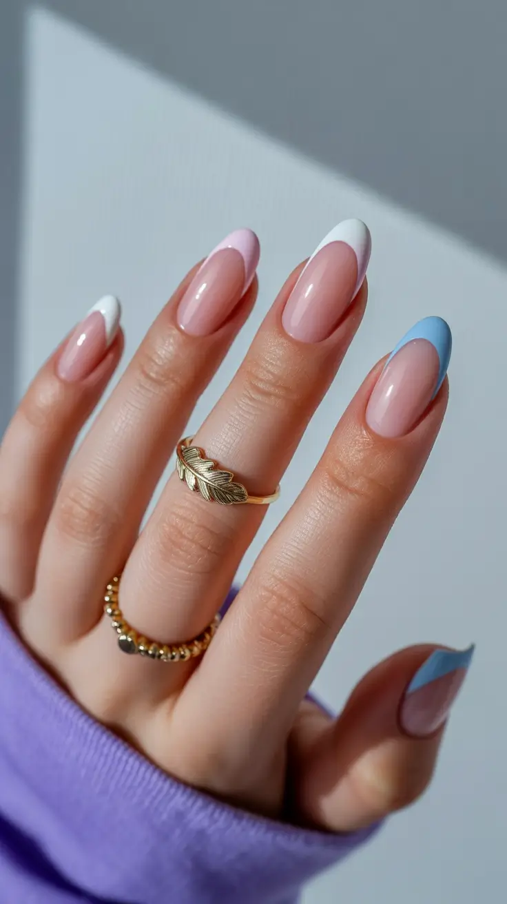 spring almond nails 2026 Pastel French almond nails with blue and pink tips