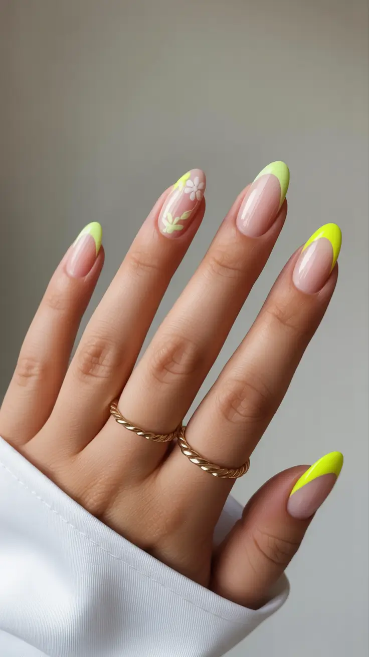 spring almond nails pastel yellow Almond nails with floral detail
