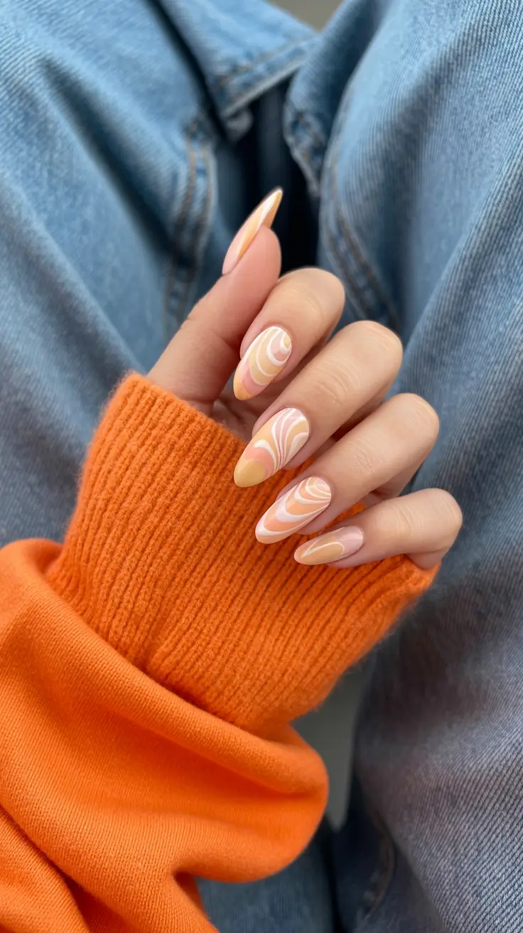 spring pastel nails 2026 Warm Peach Swirls with a Soft Almond Flow