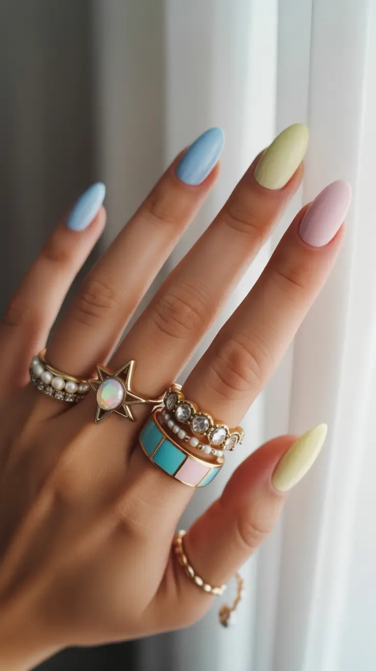 spring pastel nails 2026 Soft Pastel Solids with a Clean Almond Finish