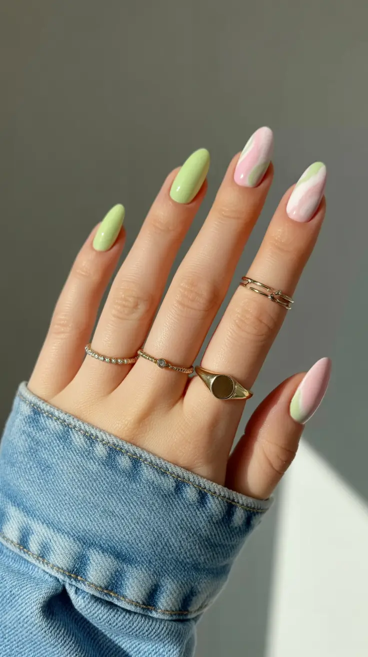 spring pastel nails 2026 Green and Blush Accents with a Minimal Twist