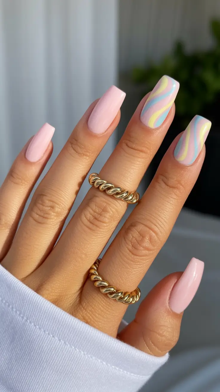 spring pastel nails 2026 Soft Pink with Swirling Pastel Motion