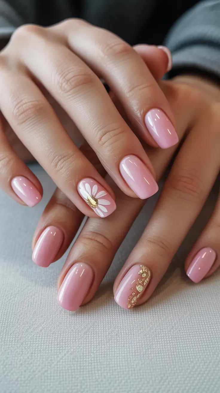 spring nail design 2026 - Soft Pink Daisy Charm With Golden Details
