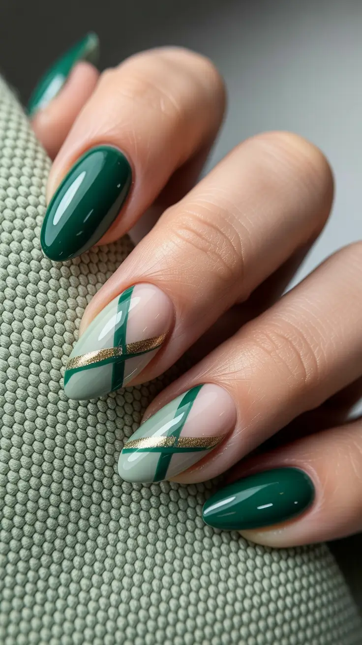 spring nail design 2026 - Deep Green Elegance With Gold and Gloss