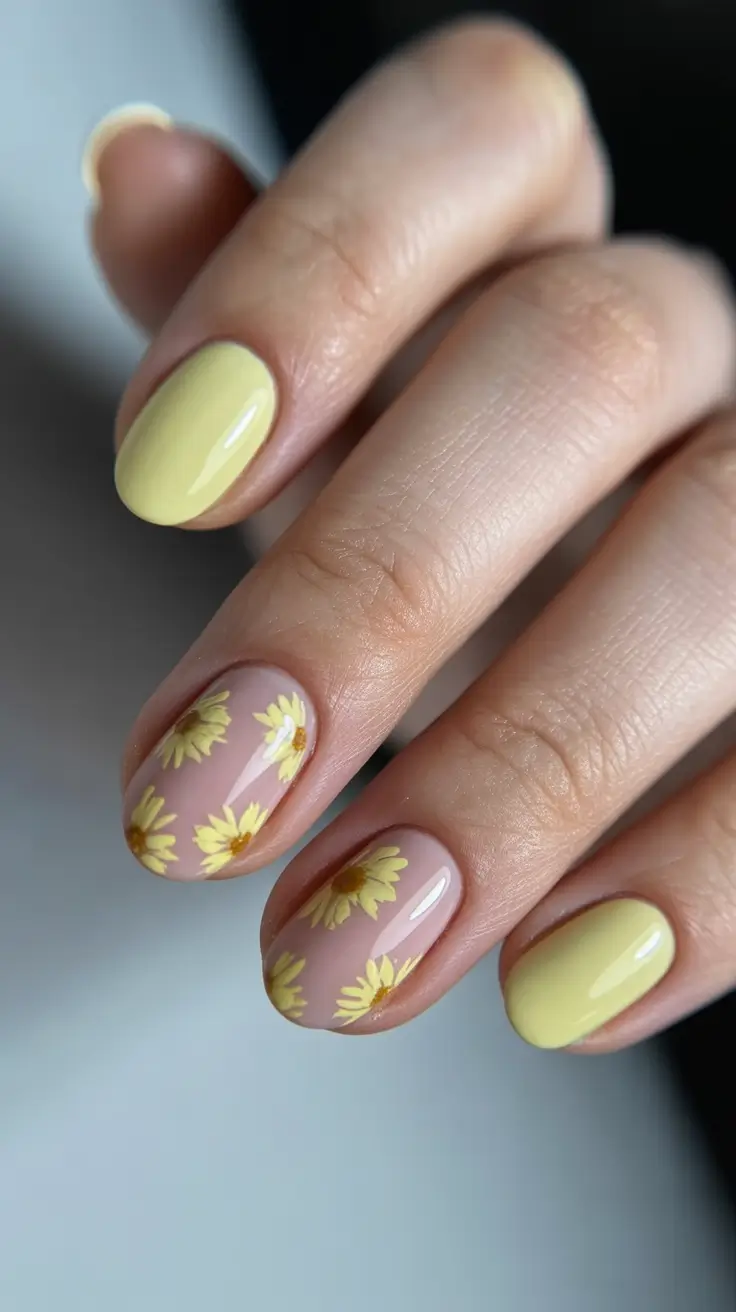 spring nail design 2026 - Yellow Petal Florals With Gentle Glow