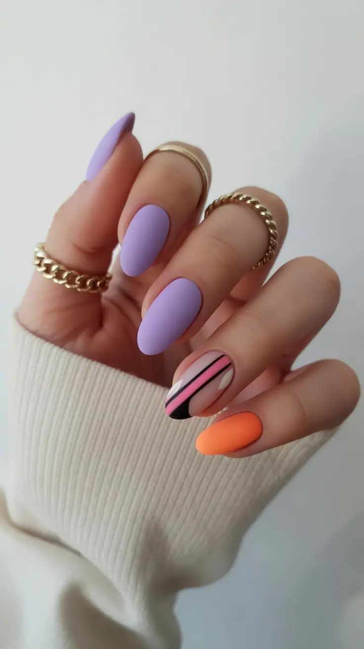 spring nail design 2026 - Lavender Matte With Playful Accent Lines
