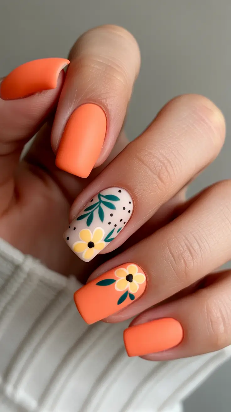 spring nail design 2026 - Warm Orange Florals for Bright Spring Days