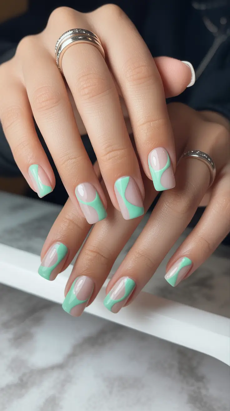 spring nail design 2026 - Mint Swirl Geometry on Soft Square Tips