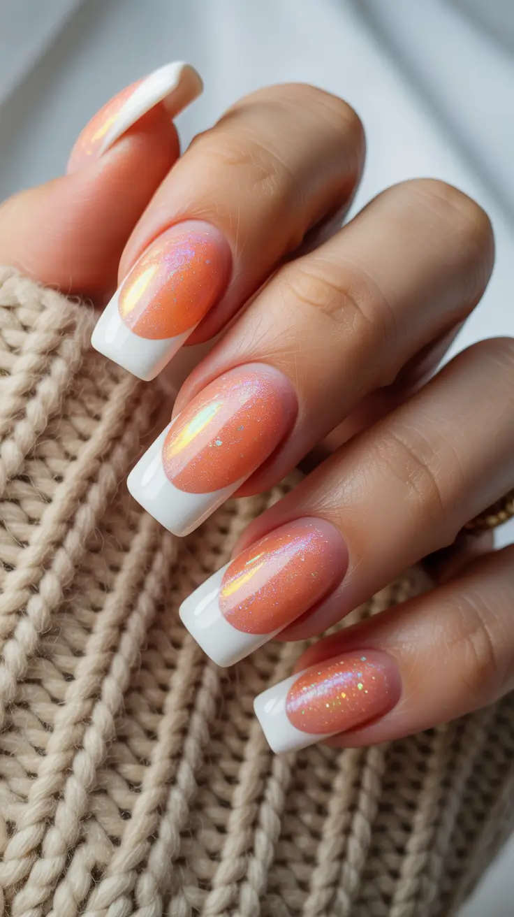 spring nail design 2026 - Sunset Shimmer French With Bright Coral Glow