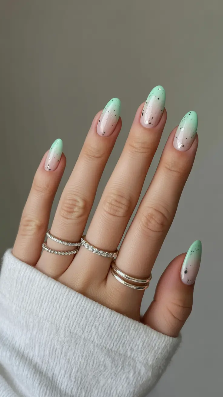 spring nail design 2026 - Mint-Soft Gradient With Spring Speckles
