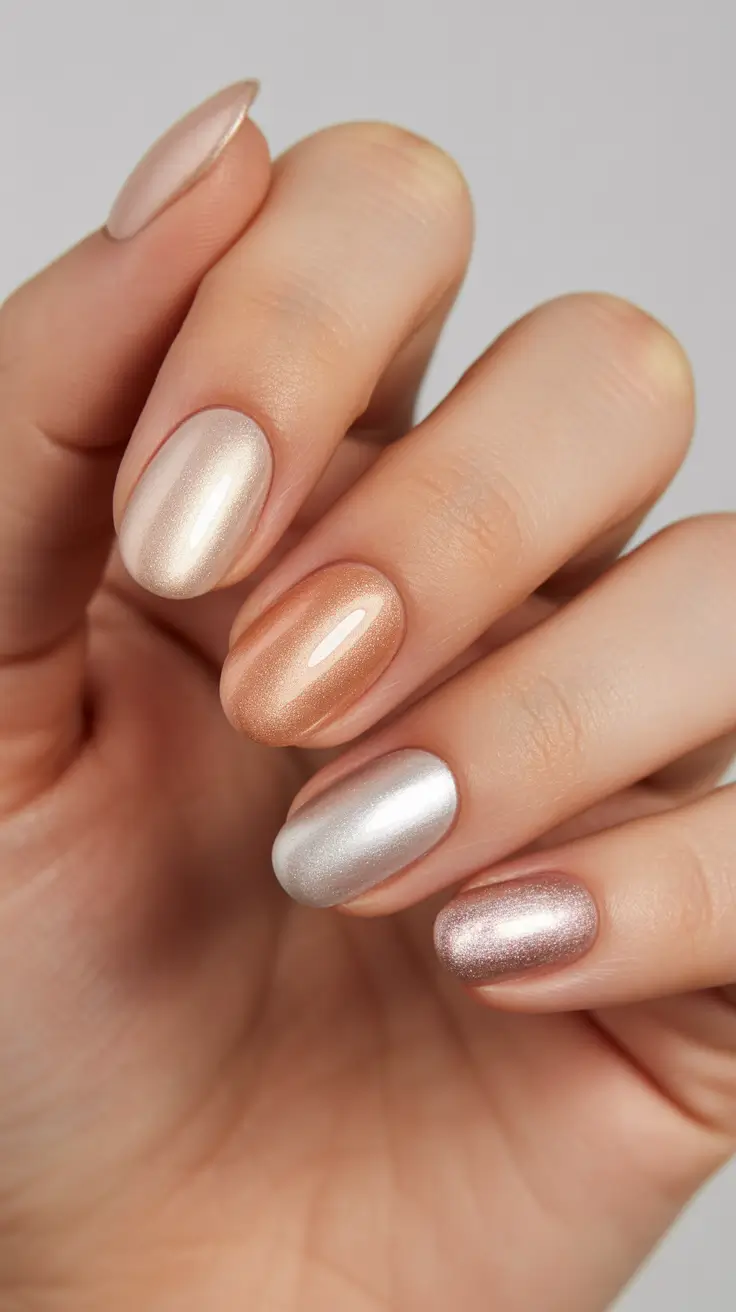 spring nail design 2026 - Champagne Chrome With Mixed Metallic Glow