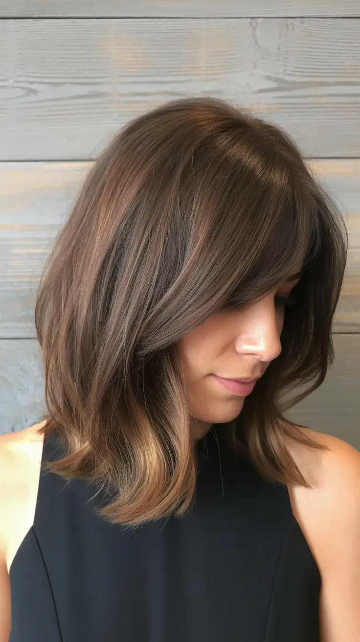 trending spring haircuts 2026 Soft Chestnut Medium Cut With Side-Swept Layers