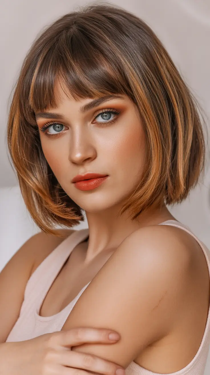 trending spring haircuts 2026 Soft Bob With Baby Bangs and Warm Highlights