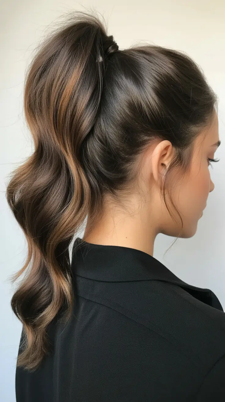 trending spring haircuts 2026 High Wavy Ponytail With Soft Face-Framing Pieces