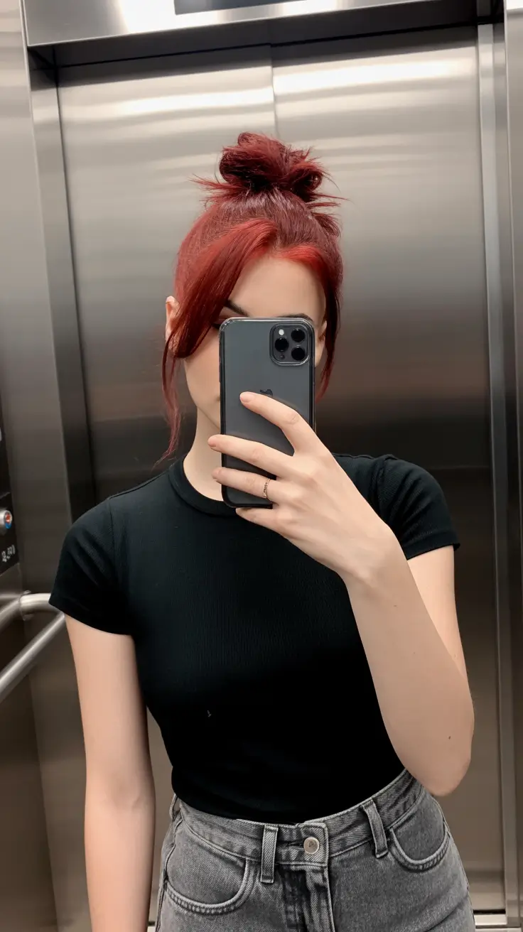 trending spring haircuts 2026 Textured Red Top Knot With Soft Curtain Pieces