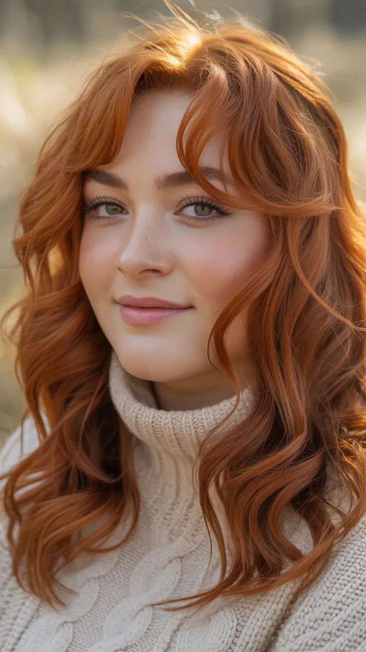 spring haircuts for plus size women Romantic Copper Waves with Soft Curtain Bangs
