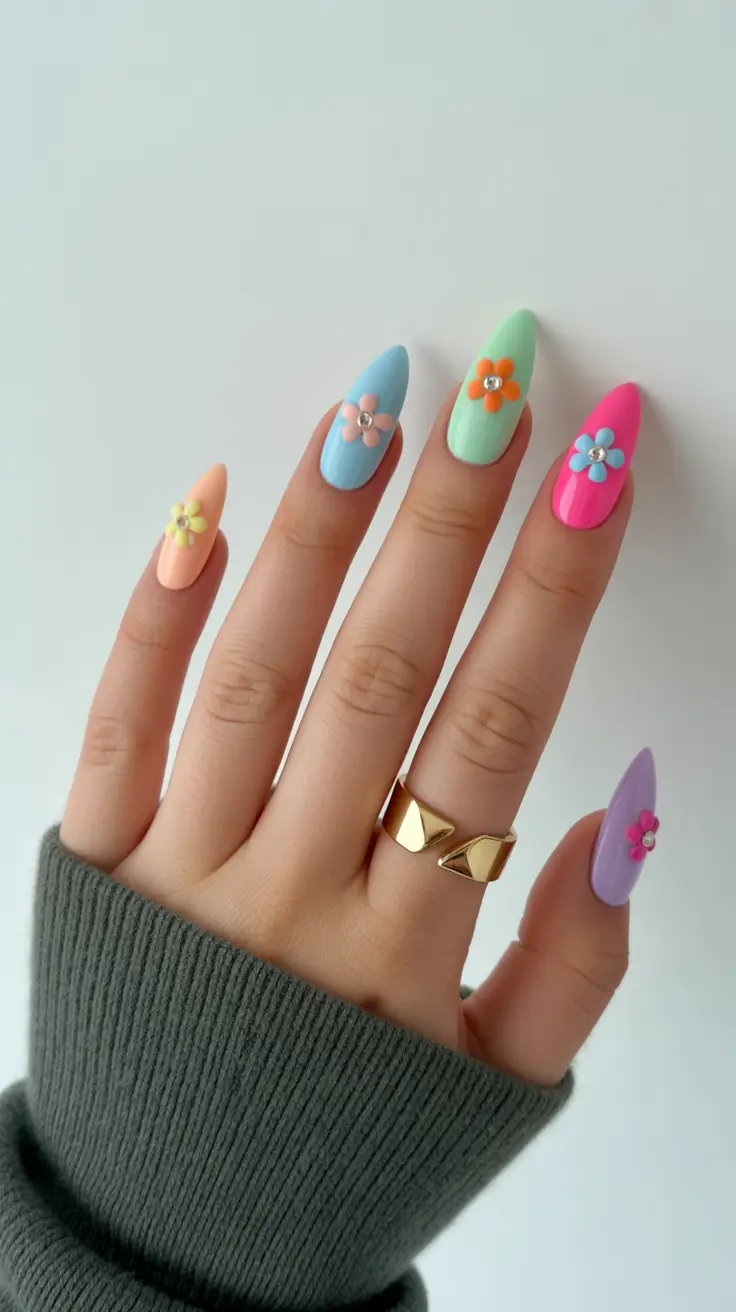 april nails ideas spring 2026 almond Playful Pastel Almond Nails with Floral Gems