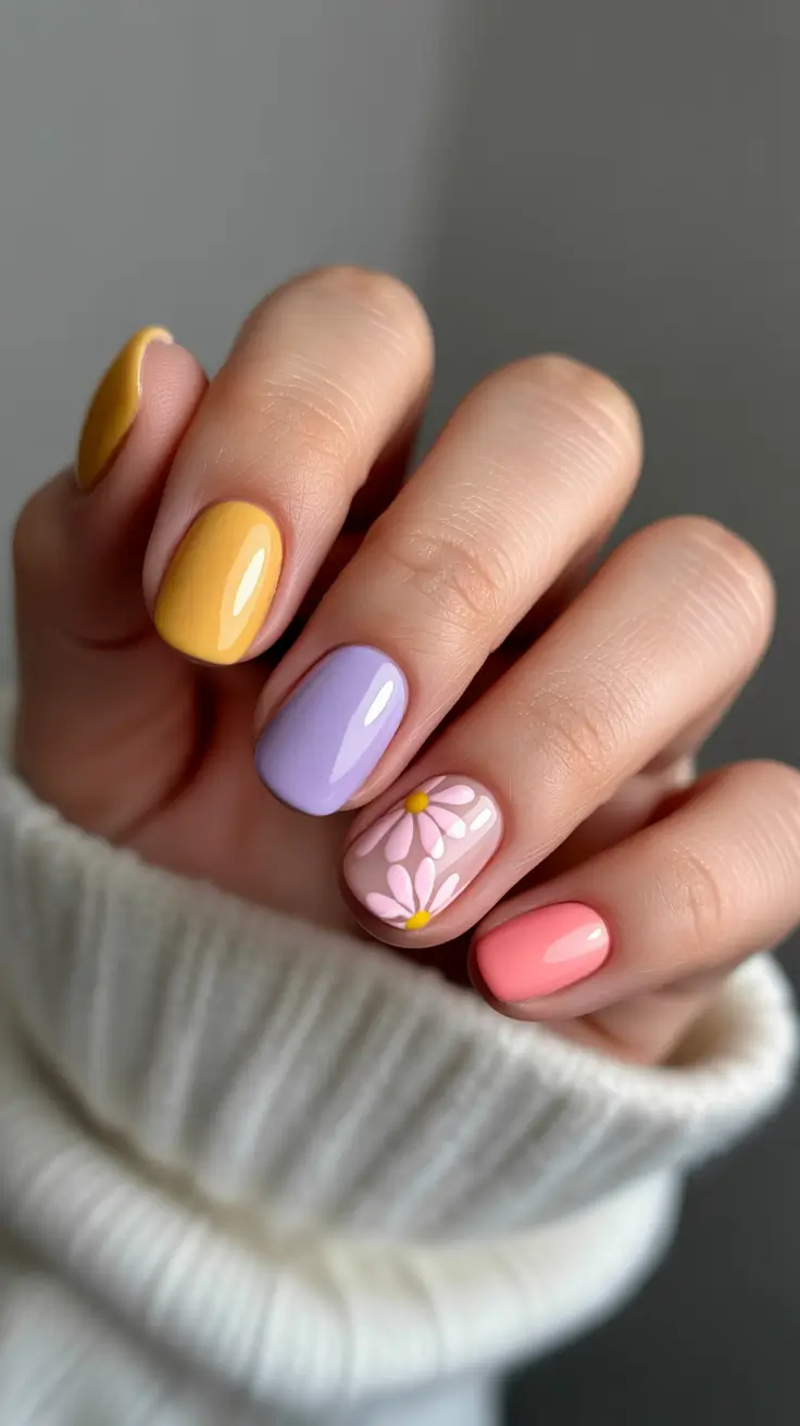 april nails ideas short Soft Pastel Short Nails with Daisy Accent