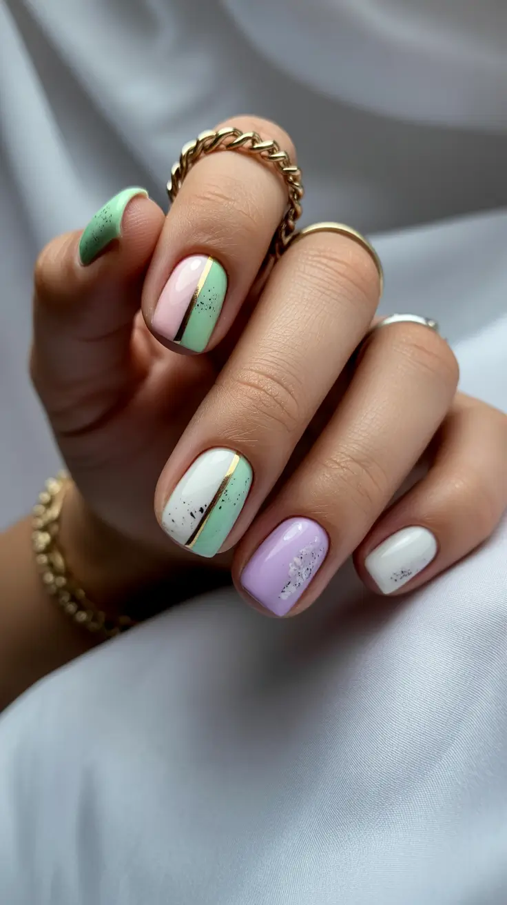 april nails ideas spring 2026 square Pastel Square Nails with Mint Lavender and Gold Accents