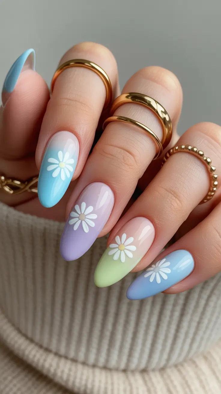 april nails ideas spring 2026 almond Pastel Almond Daisy Nails for Dreamy Spring Color