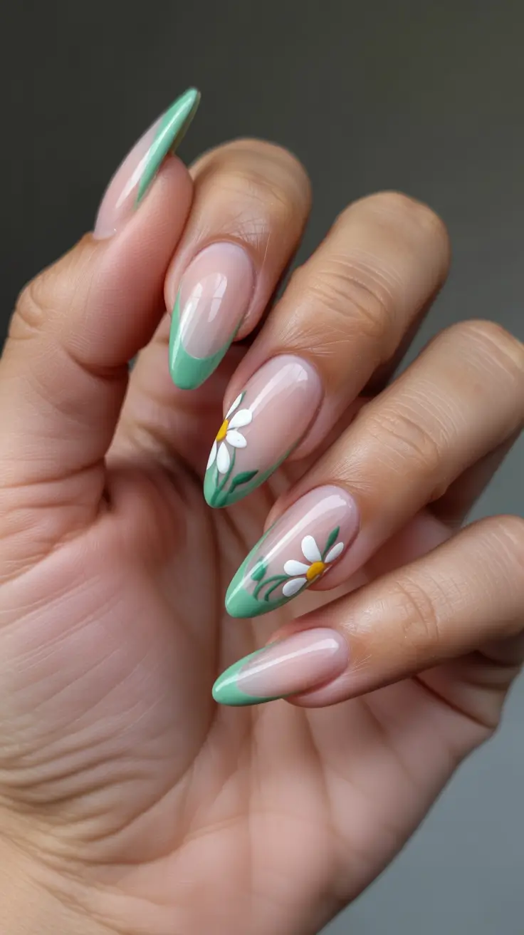 spring long nails 2026 Soft Green French with Daisy Details
