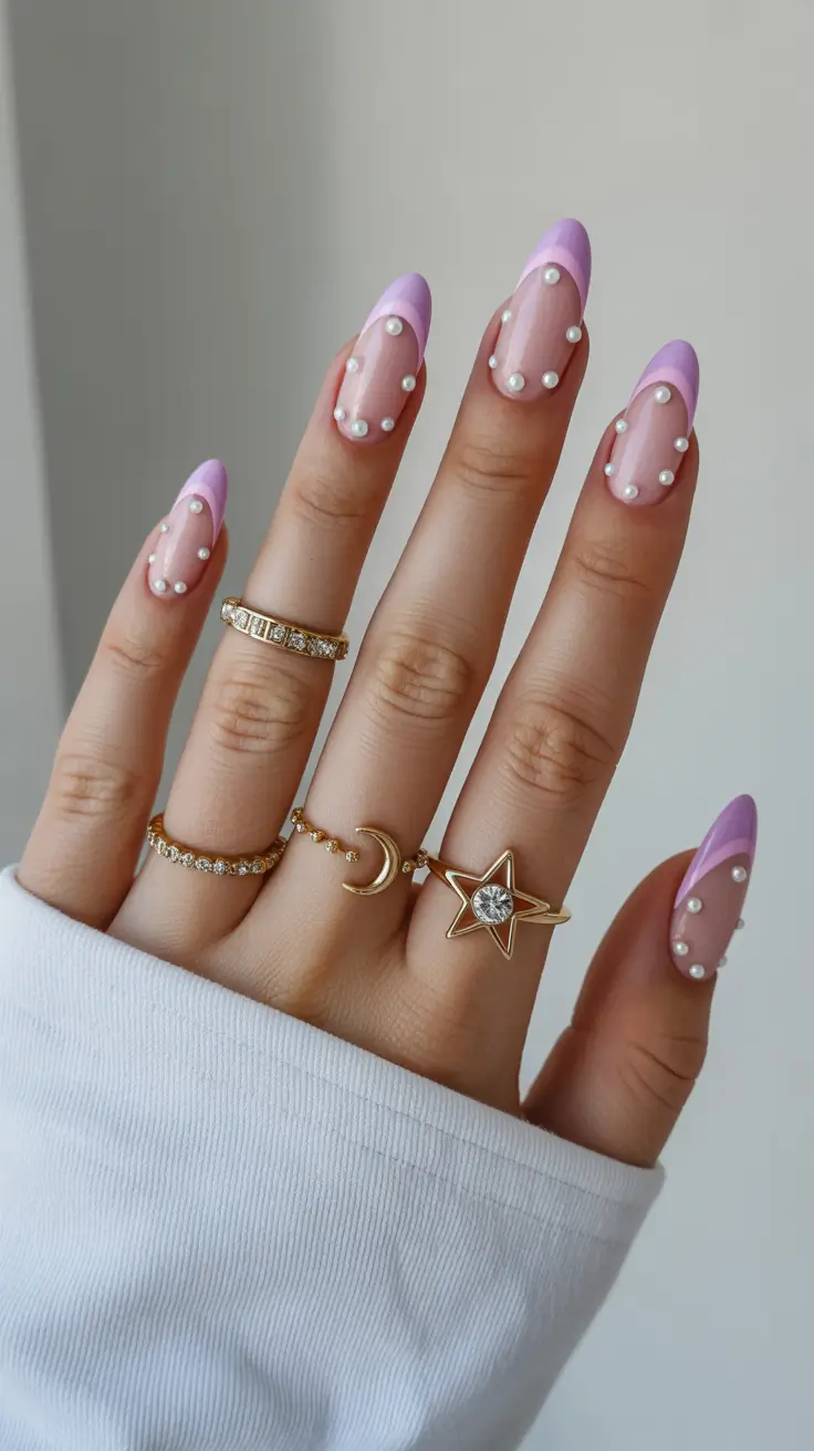 spring long nails 2026 Lavender French with Pearls