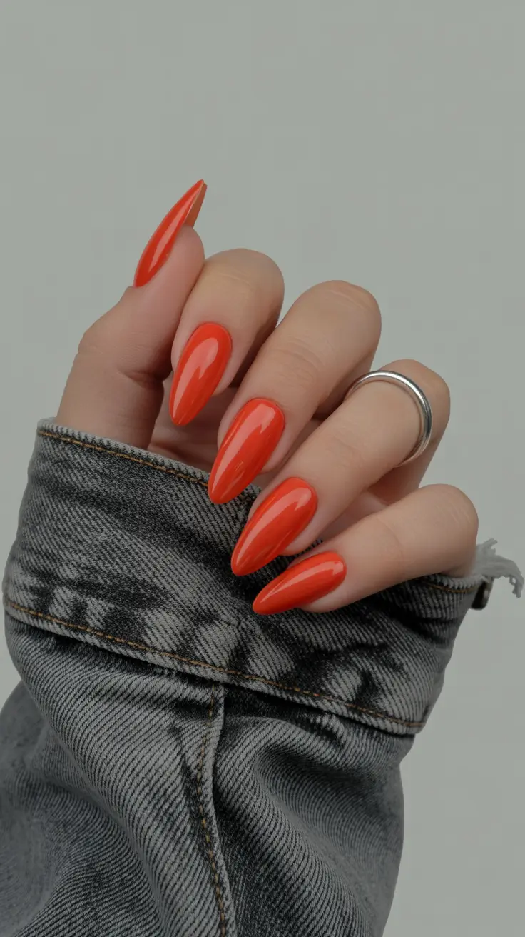 spring long nails 2026 Glossy Tangerine Almond Nails