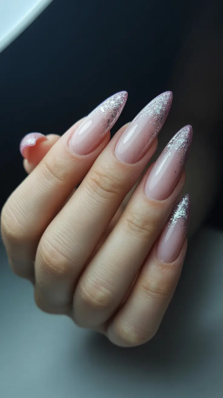 spring long nails 2026 Pink Glitter Fade Nails