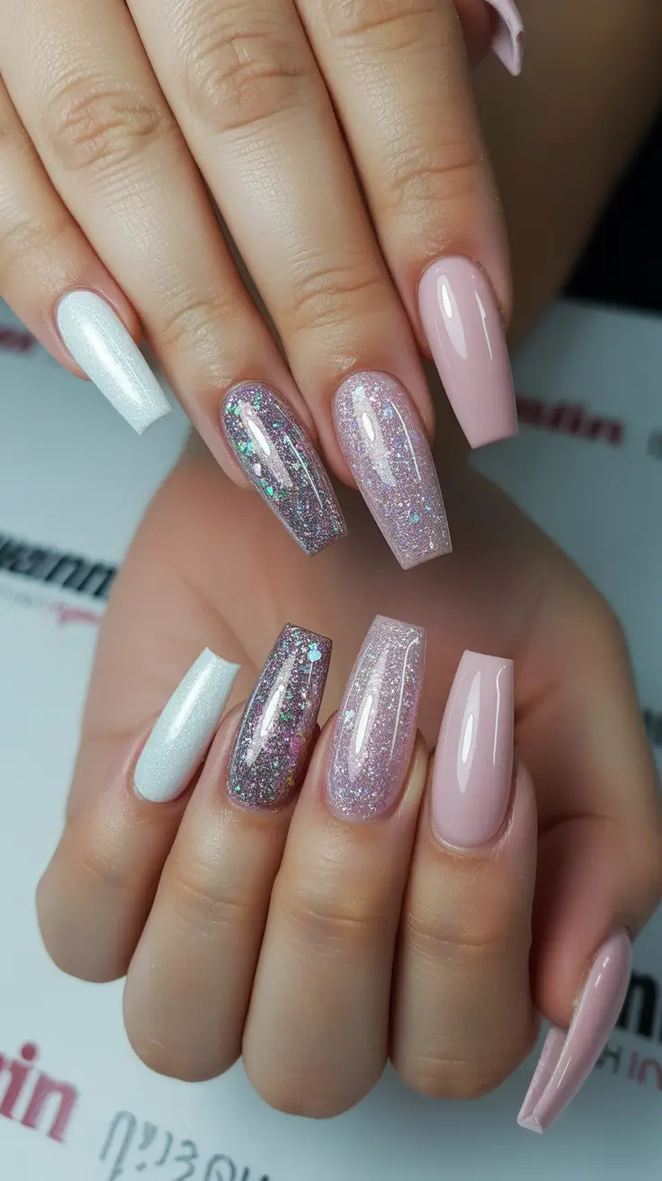 spring long nails 2026 Pink Glitter Mix Coffin Nails