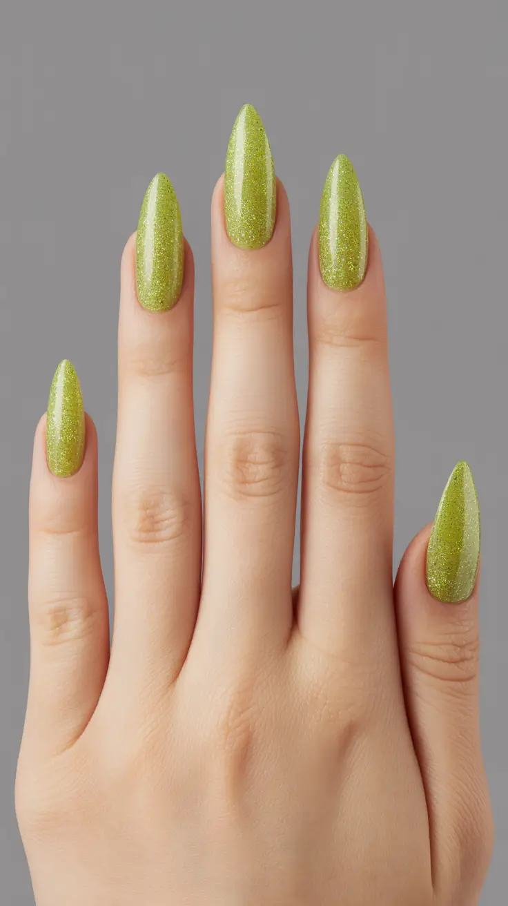spring long nails 2026 Shimmer Lime Almond Nails
