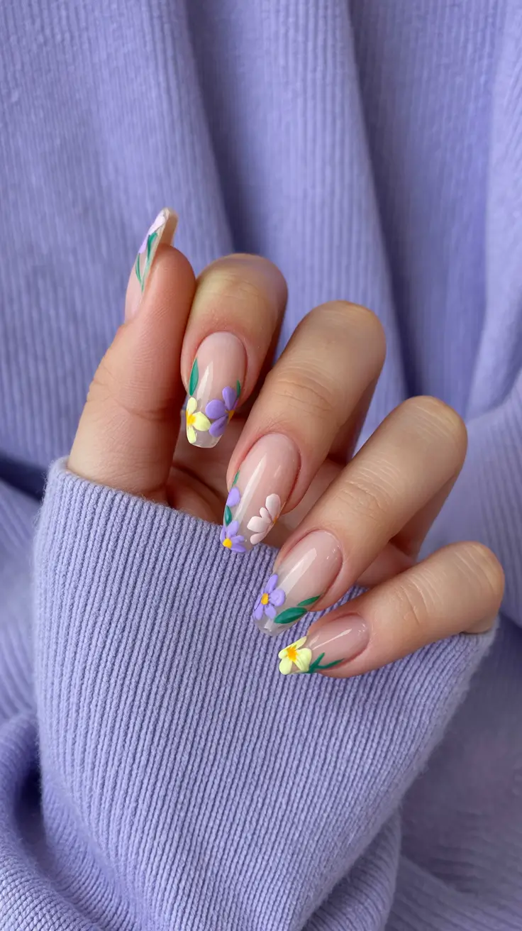 spring long nails 2026 Lavender Floral Nails