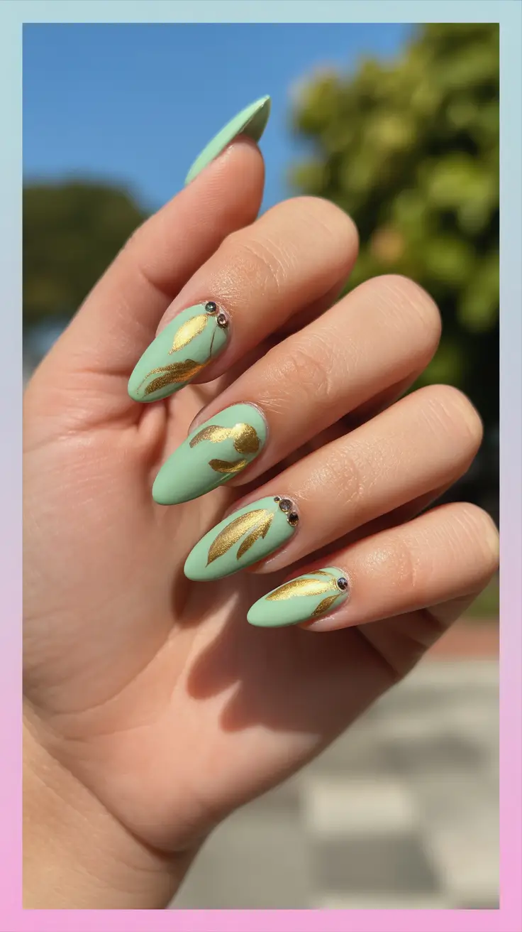spring long nails 2026 Mint Gold Leaf Nails