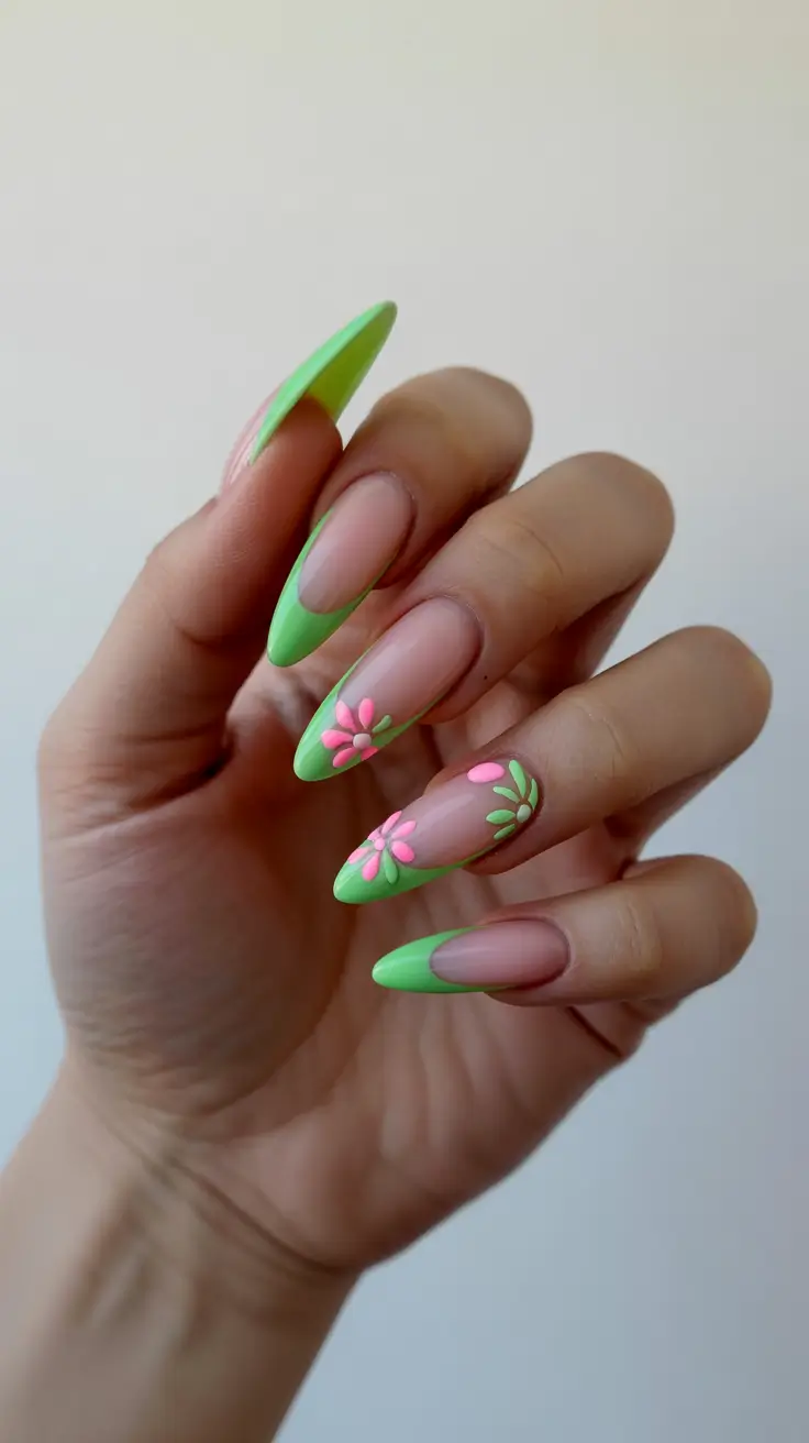 spring long nails 2026 Green French with Pink Flowers