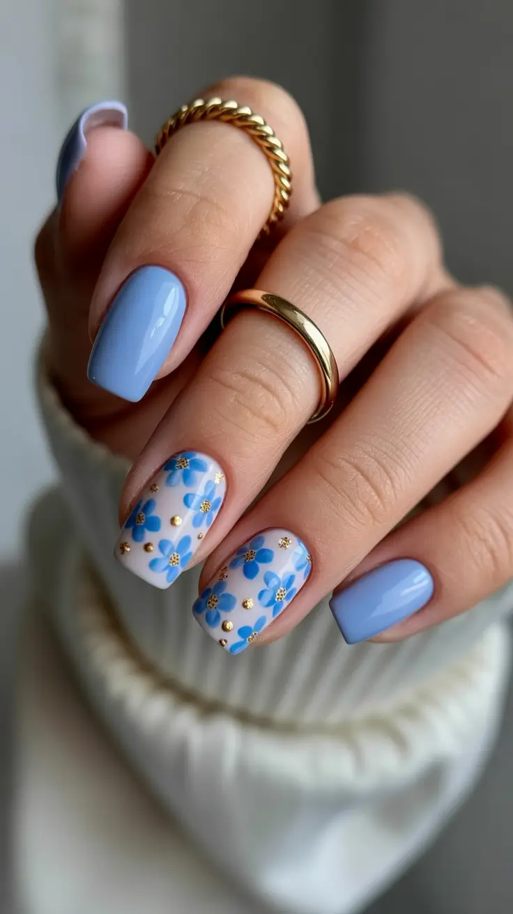 spring long nails 2026 Blue Floral Square Nails
