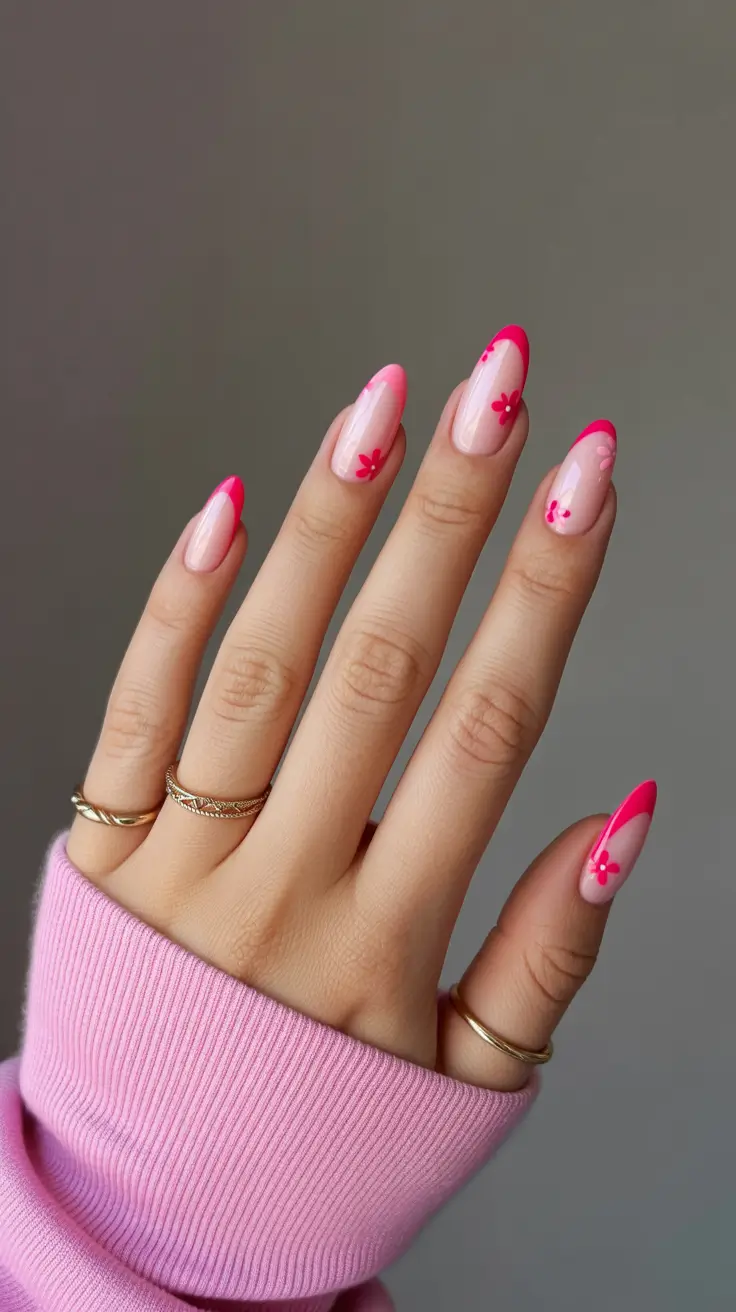 spring long nails 2026 Pink French with Flowers