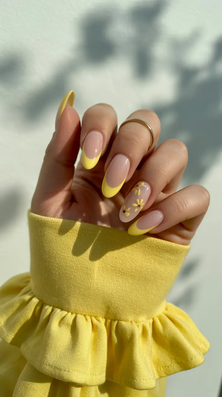 spring long nails 2026 Yellow French Floral Nails