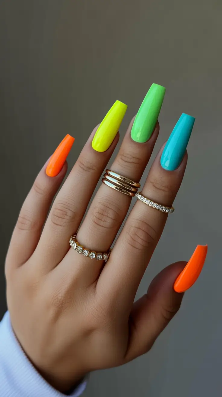 spring long nails 2026 Neon Coffin Nails