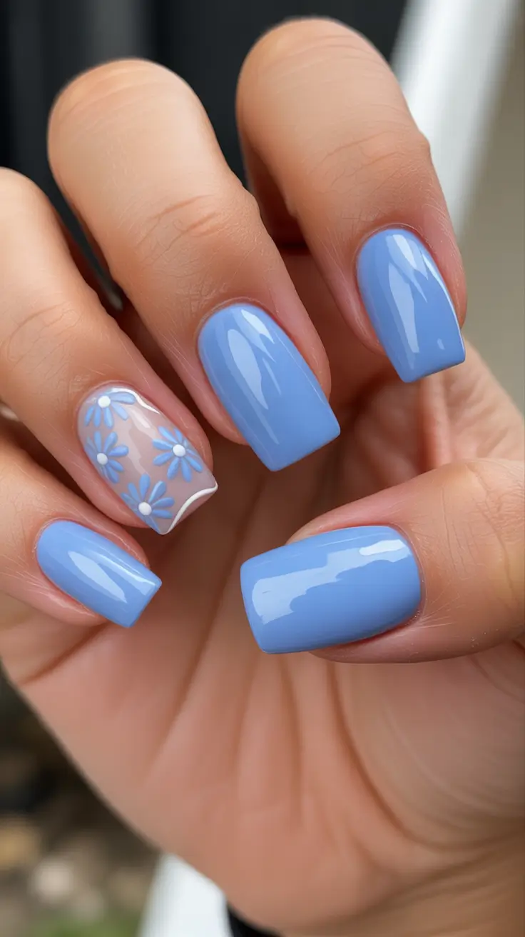best spring nails simple 2026 Soft Blue Daisy Nails for a Fresh Early Spring Mood