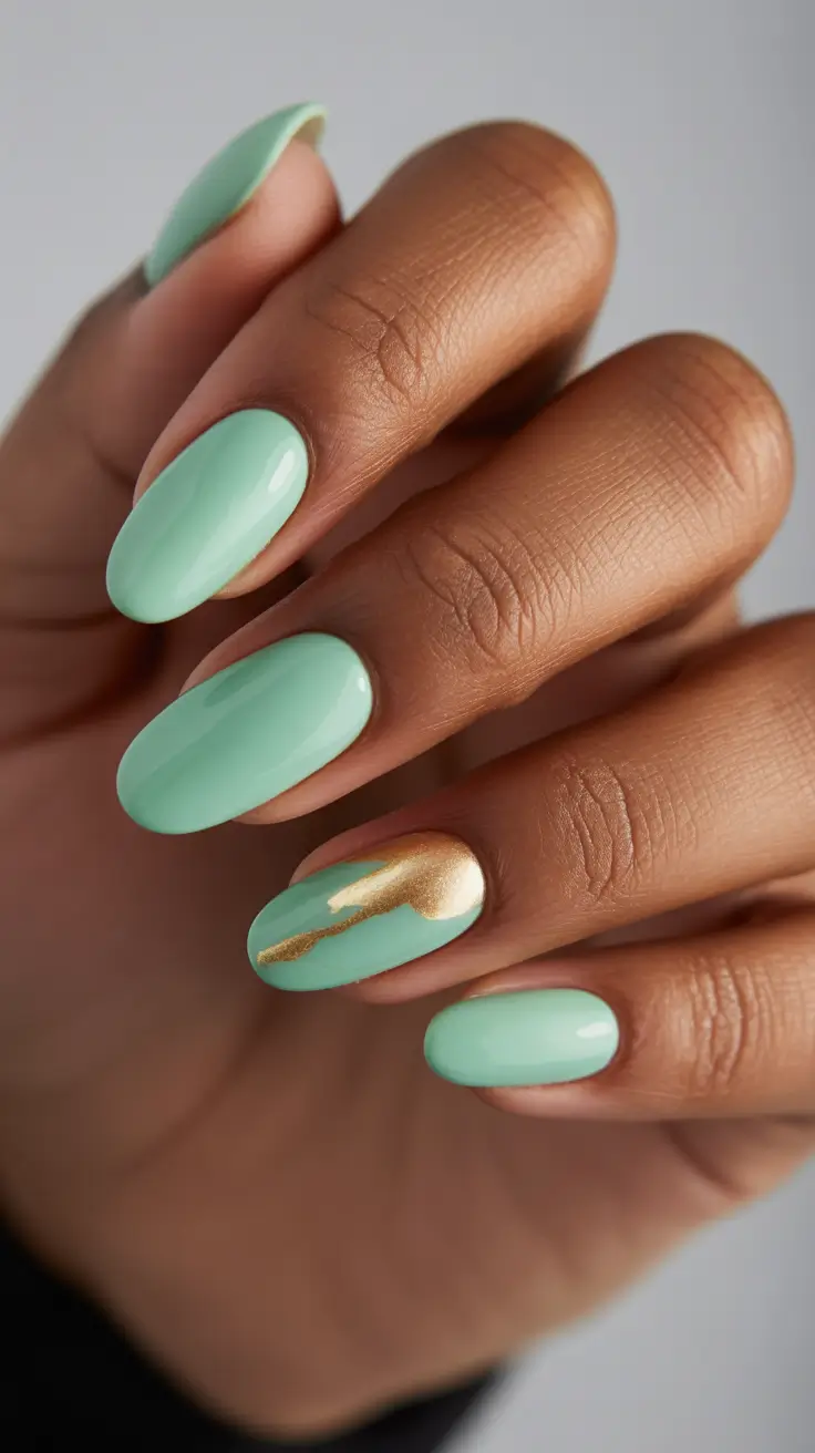 best spring nails simple 2026 Mint Almond Nails with a Subtle Gold Accent