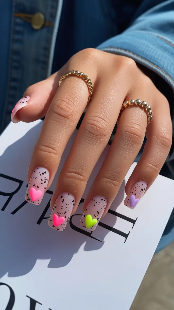 best spring nails simple 2026 Playful Heart Confetti Nails for a Cute Spring Mood