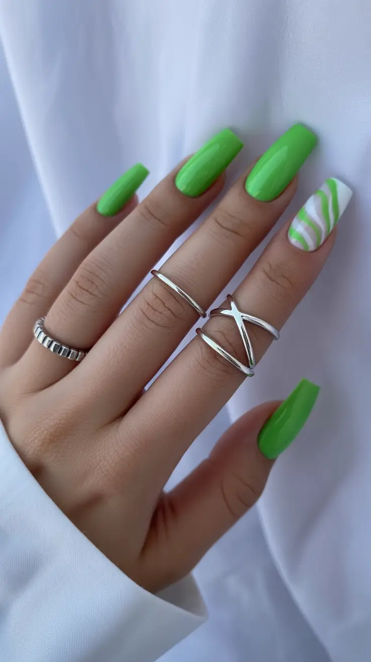 best spring nails simple 2026 Bright Green Square Nails with a Soft Marble Accent