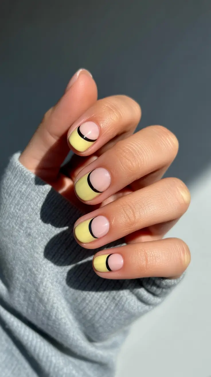 best spring nails simple 2026 Minimal Yellow Half-Moon Nails with Graphic Lines