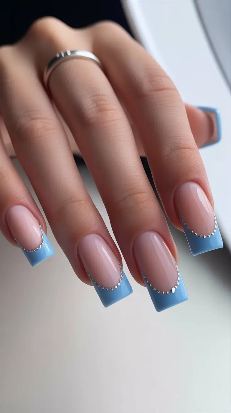 best spring nails simple 2026 Elegant Blue French Tips with Delicate Crystal Details
