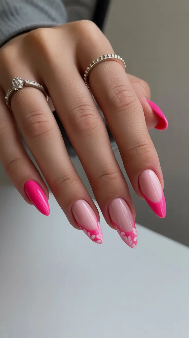 best spring nails simple 2026 Soft Pink Almond Nails with Delicate Floral Detail