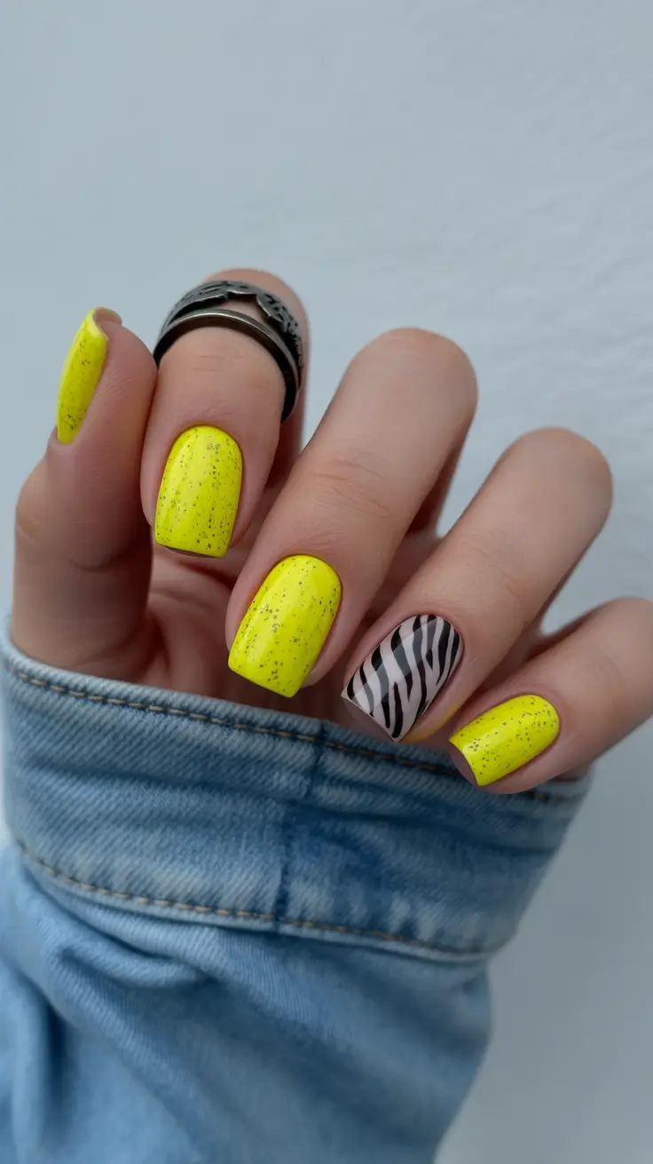 best spring nails simple 2026 Bright Yellow Pop with Graphic Zebra Accent