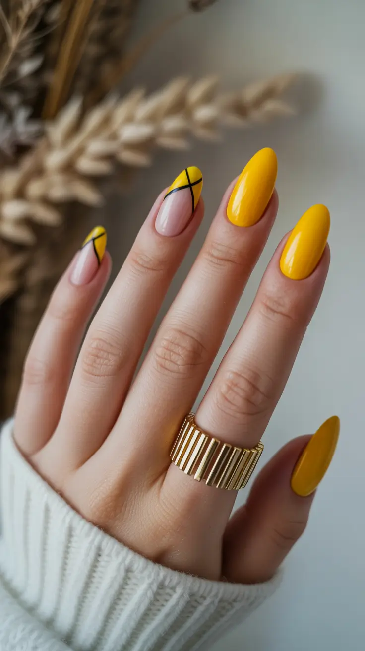best spring nails simple 2026 Sunny Mustard Almond Nails with Modern French Lines