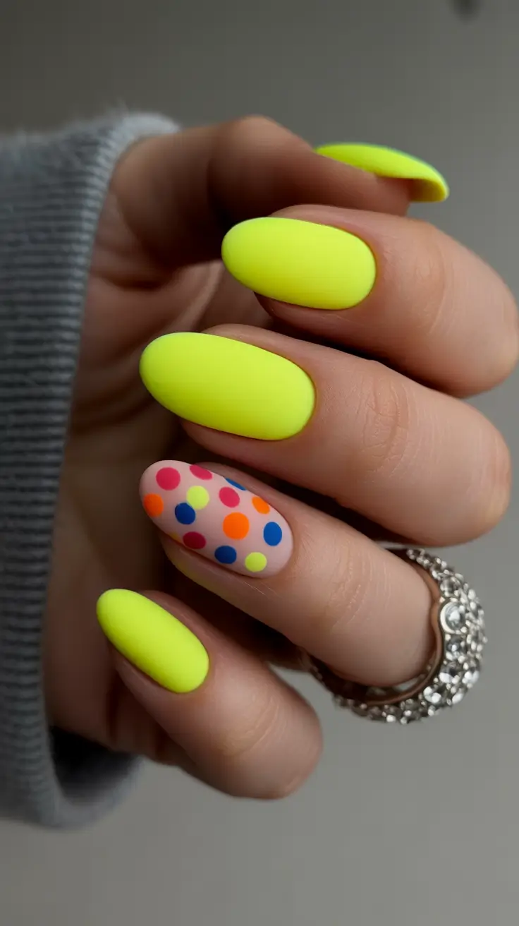 best spring nails simple 2026 Neon Yellow Playful Dots for a Fun Spring Accent