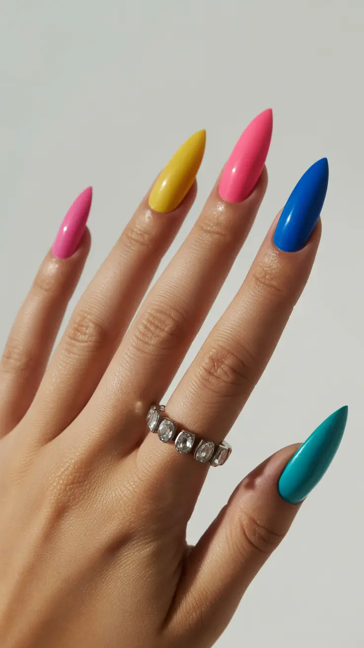 best spring nails simple 2026 Colorful Almond Nails for a Bold Spring Mood