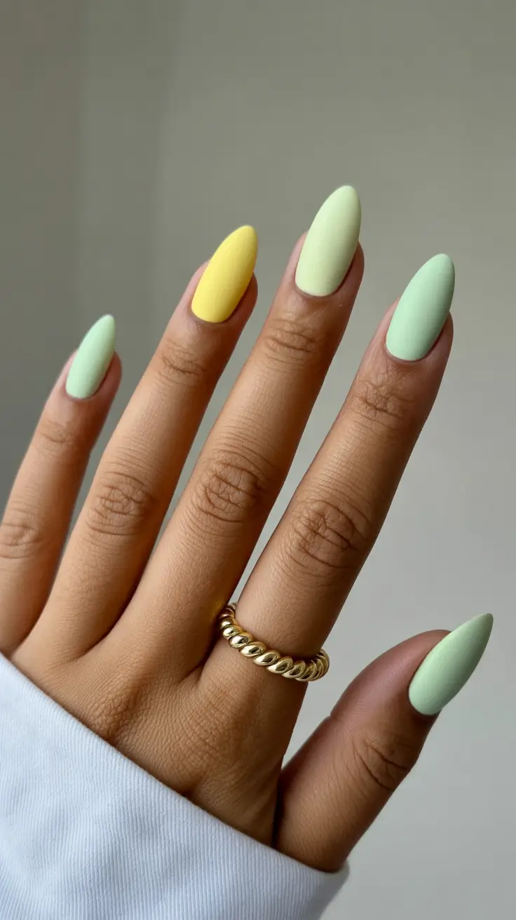 best spring nails simple 2026 Soft Pastel Mint and Yellow for a Calm Spring Palette