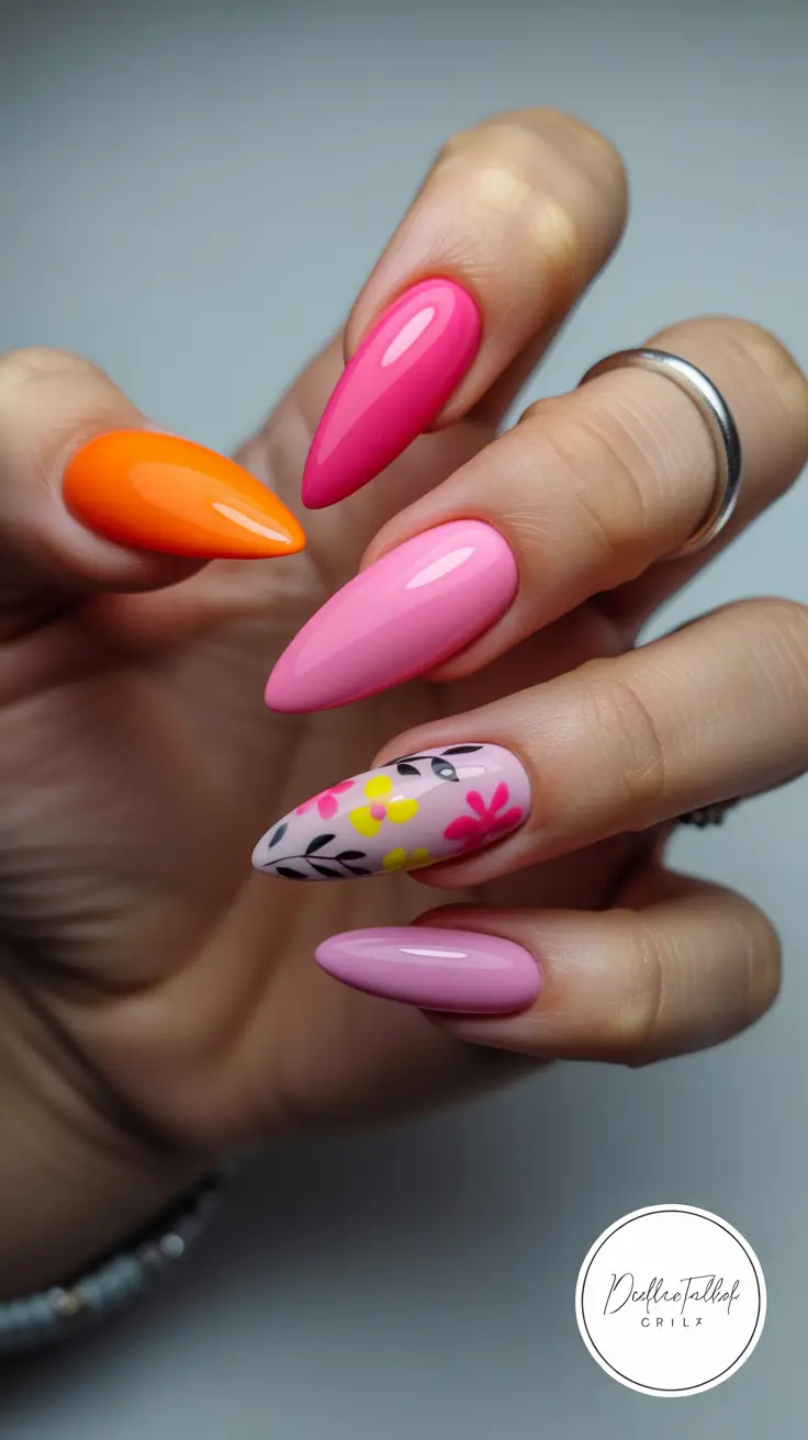 best spring stiletto nails 2026 Playful Spring Mix with Floral Accent and Bright Color Contrast